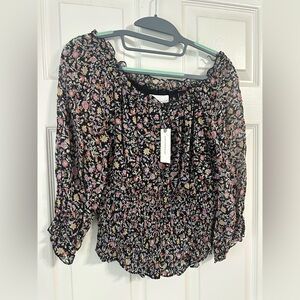 Anthropologie Black Floral Smocked Blouse